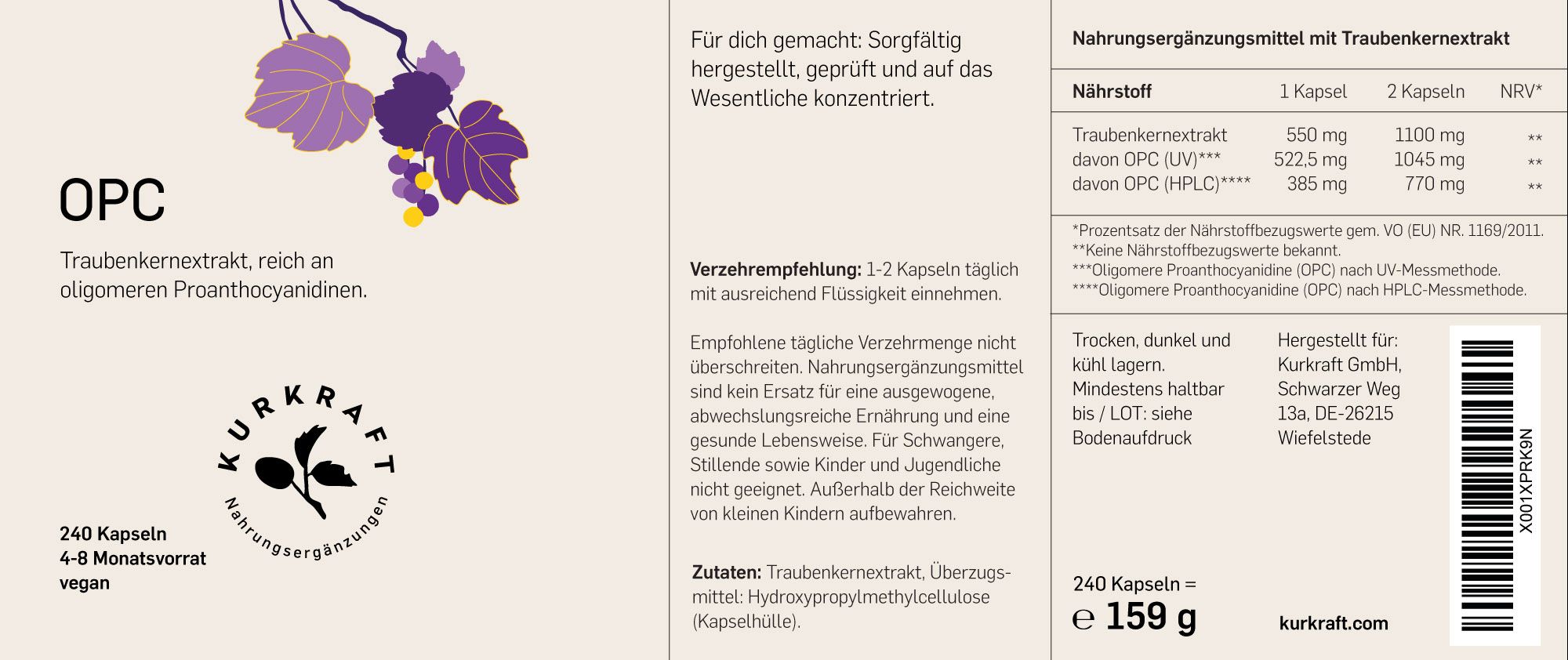 Etikett mit Informationen zu OPC. Text: 240 Kapseln, 4-8 Monatsvorrat, vegan. Inhaltsstoffe.
