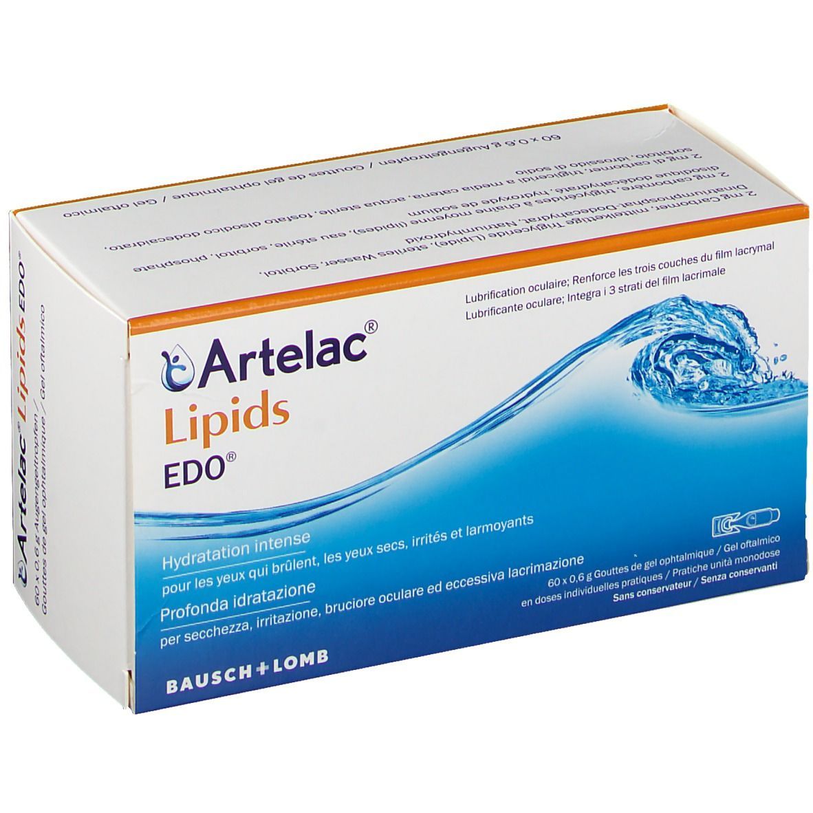 Artelac Lipids EDO® Augengel-Verpackung. Weißer Karton mit blauer Welle und Produktnamen. Orangefarbener Akzent.