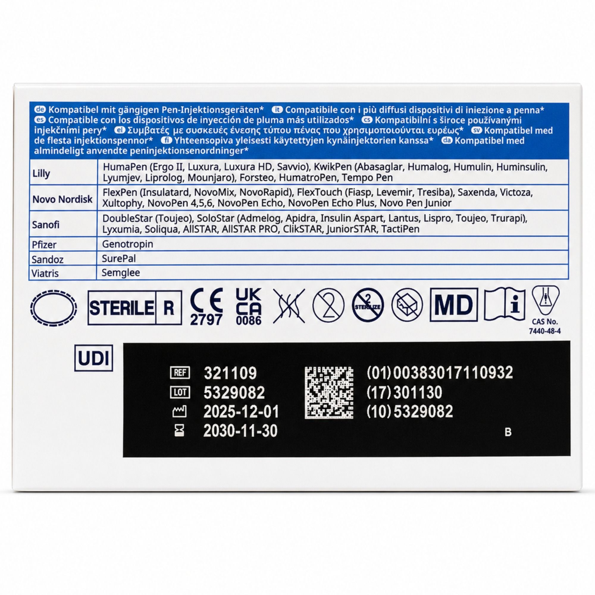Verpackungsrückseite mit Kompatibilitätsliste für Injektionsgeräte, CE- und UKCA-Kennzeichnung, MD-Symbol und UDI-Code.