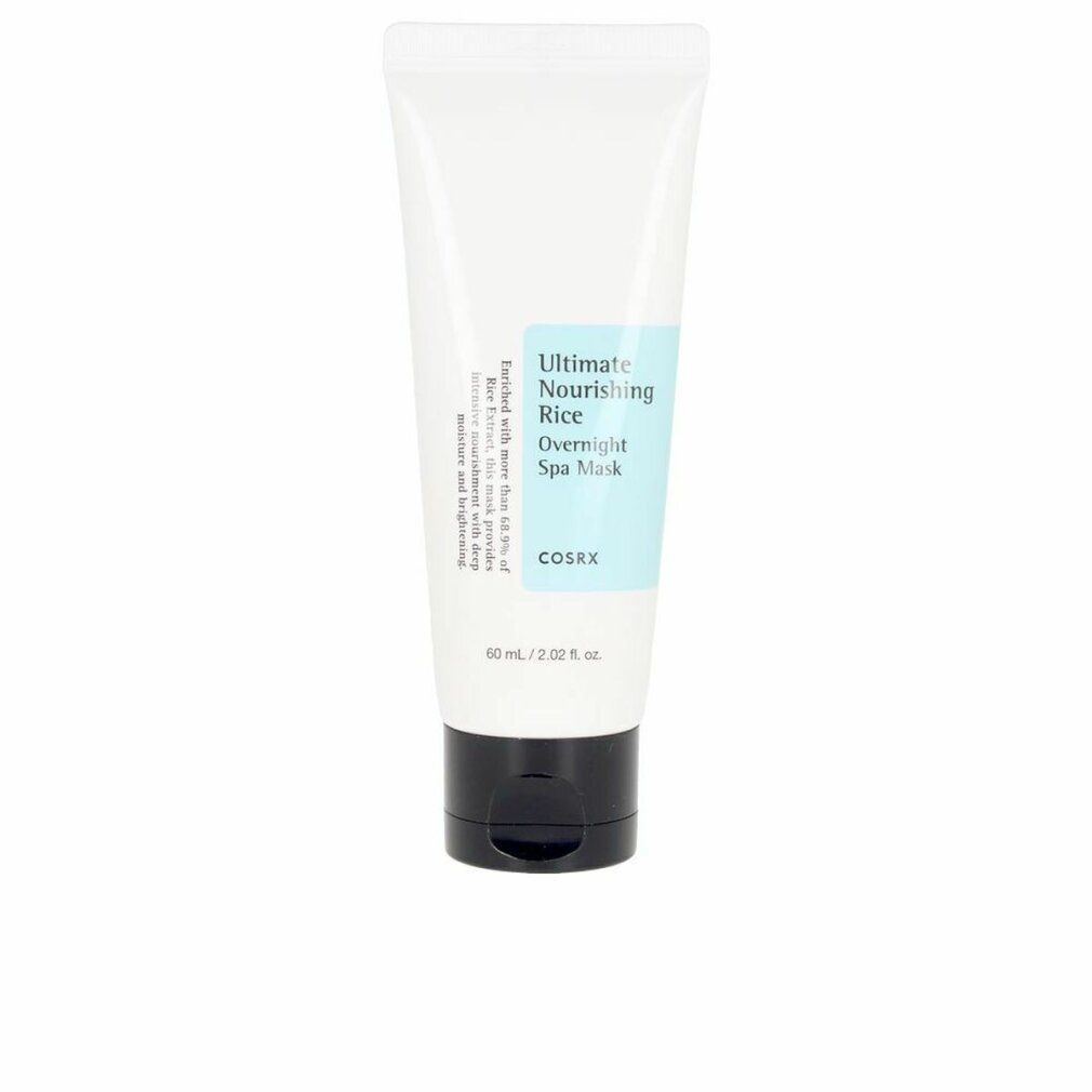 Weiße Tube mit schwarzem Deckel. Aufschrift: Ultimate Nourishing Rice Overnight Spa Mask, COSRX. 60 ml.