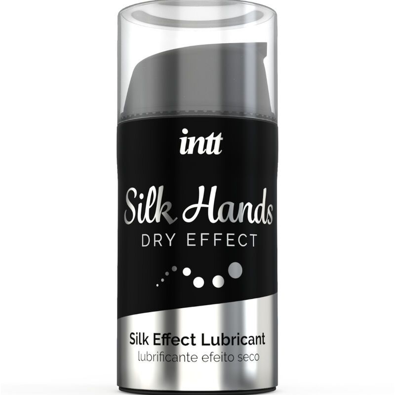 Schwarze Flasche mit silberner Schrift. Aufschrift: intt Silk Hands DRY EFFECT. Untertitel: Silk Effect Lubricant.