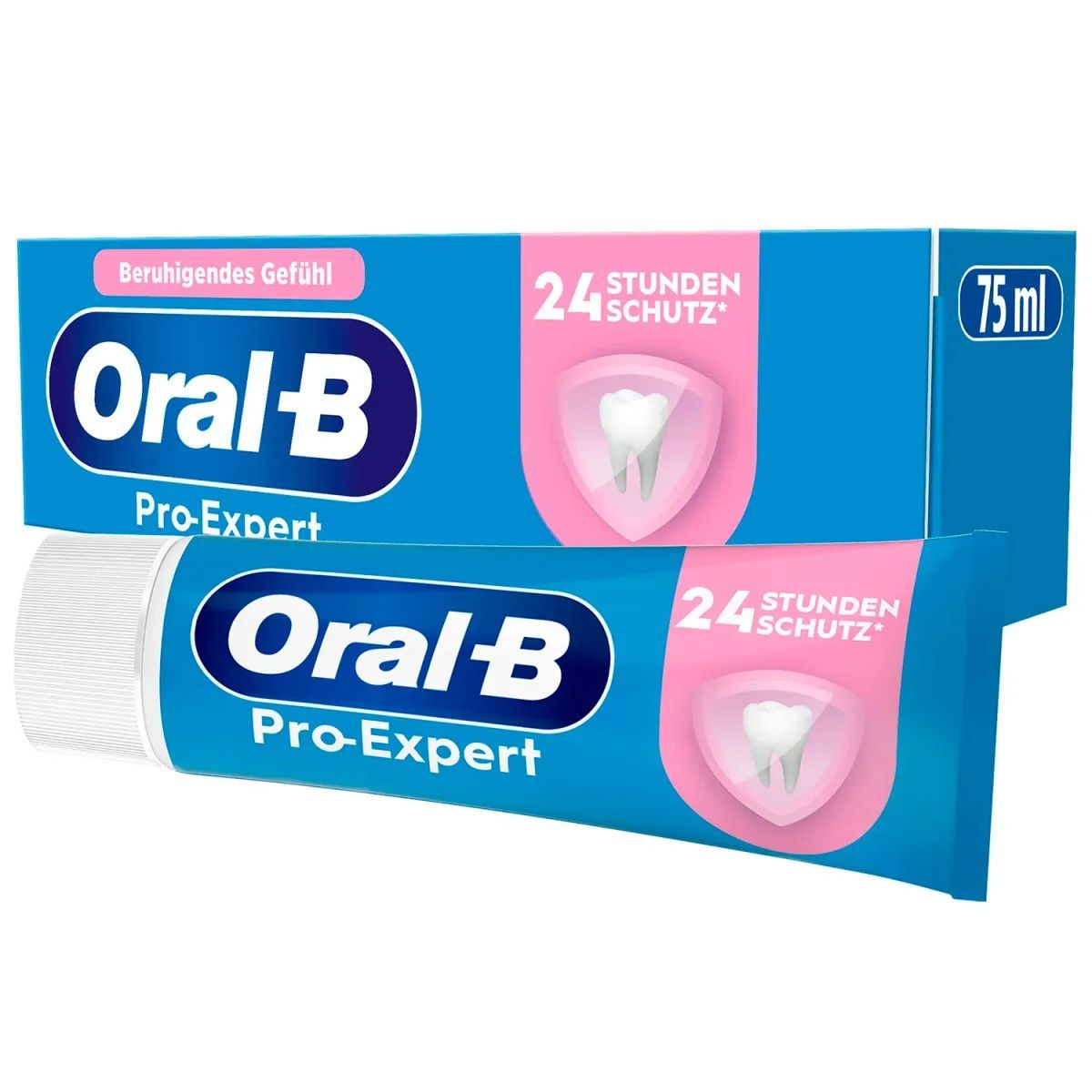 Zahnpasta-Tube und Schachtel Oral-B Pro-Expert. Blau, weiß. Text: 24 Stunden Schutz, beruhigendes Gefühl, 75 ml.