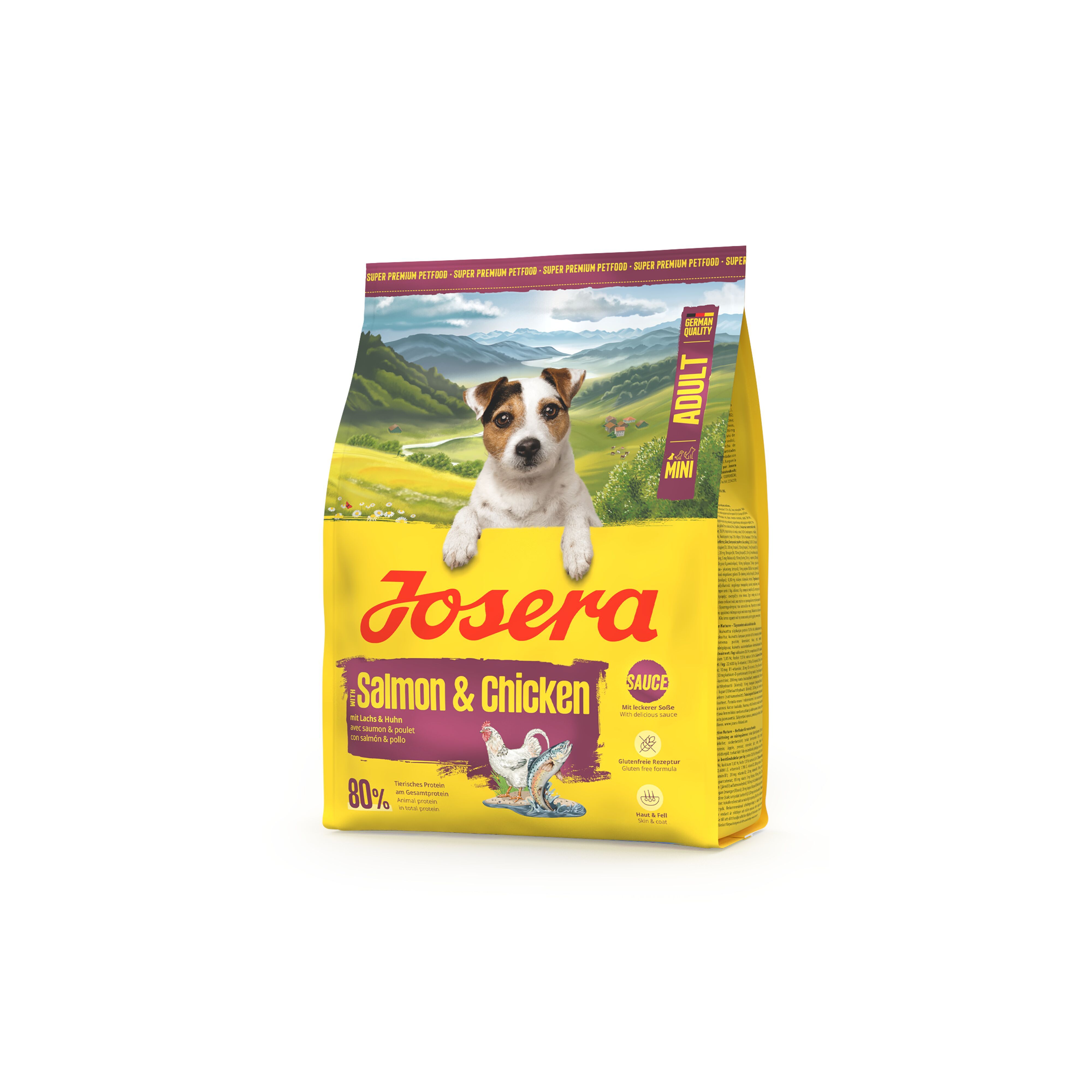 Gelbe Tüte mit JOSERA-Logo, Mini Adult, Lachs & Huhn. Hundebild. Text: 80%.
