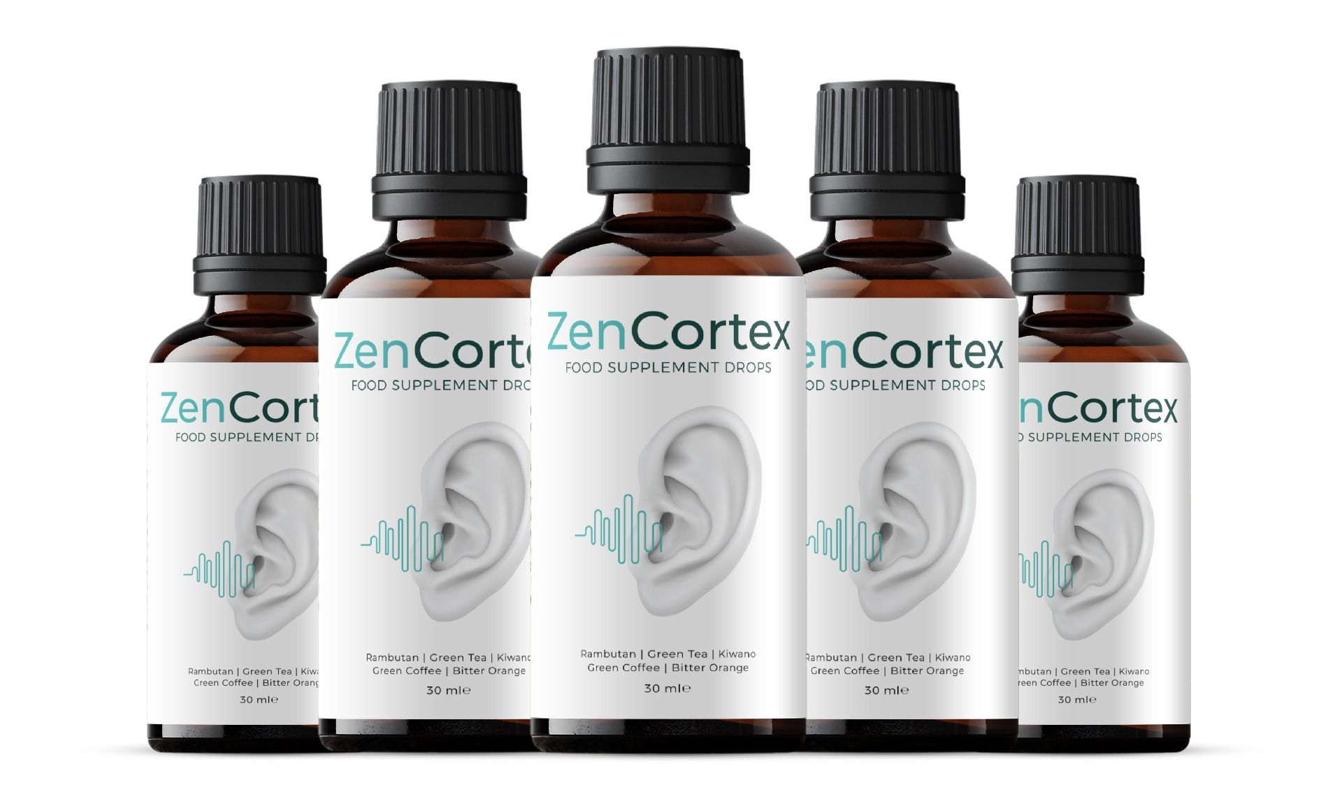 Fünf braune Glasflaschen mit schwarzen Deckeln. Etiketten mit Produktname, Ohr-Grafik und Inhaltsstoffen. 30 ml.