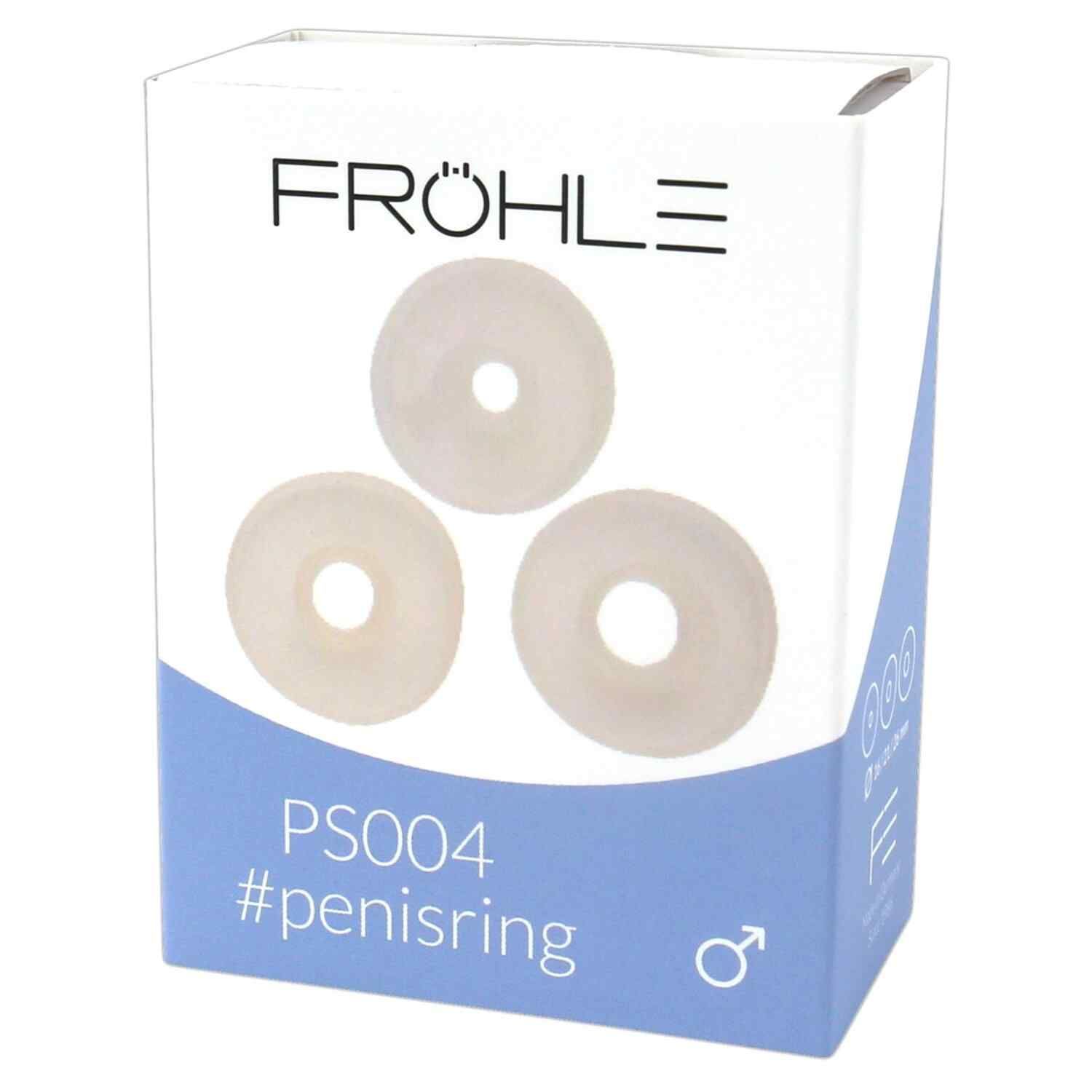 Produktverpackung mit drei Ringen. Aufschrift: FRÖHLE, PS004, #penisring. Männliches Symbol.