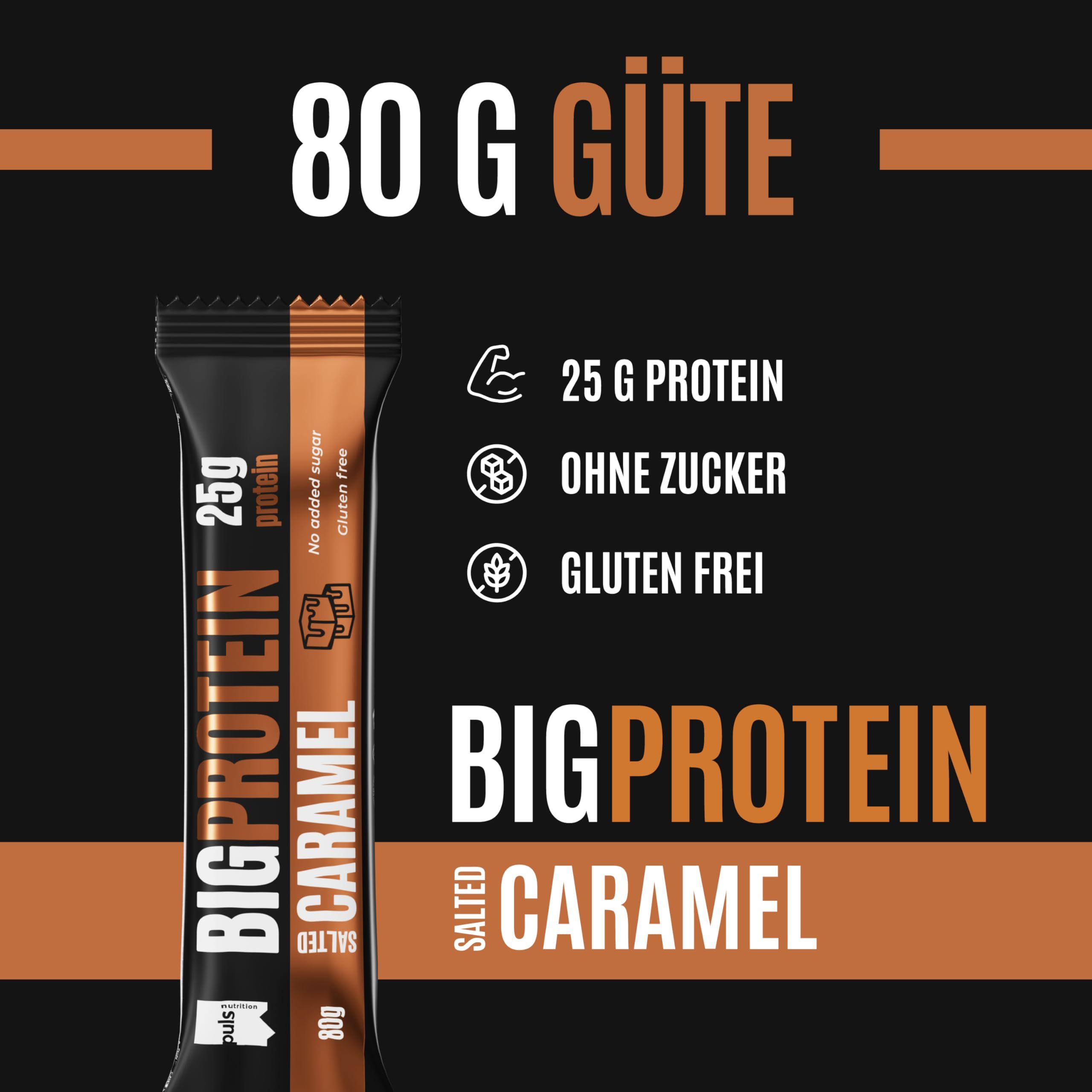 Puls Nutrition Big Protein Riegel, Salted Caramel, 80g. 25g Protein, ohne Zucker, glutenfrei.