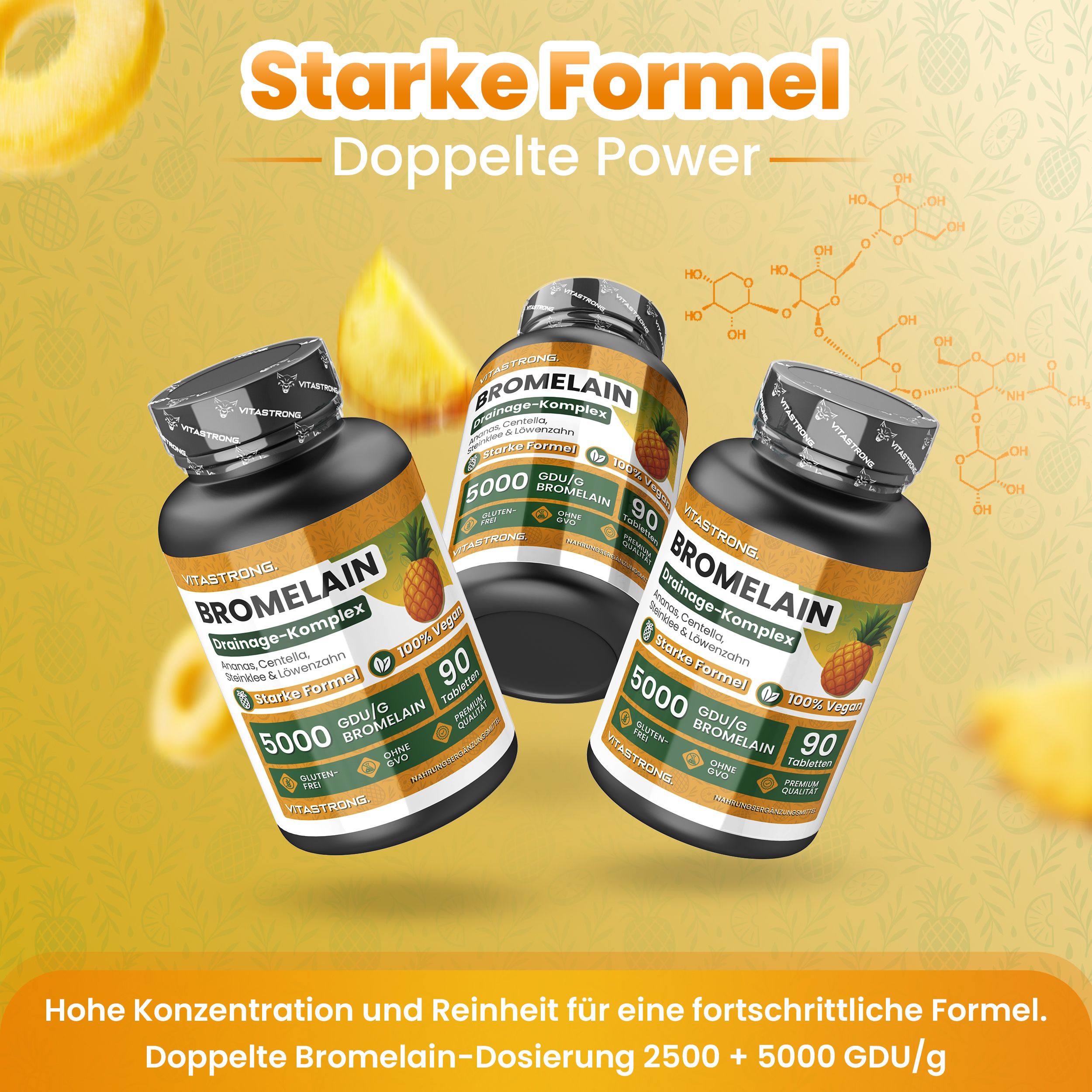 Drei Flaschen Bromelain-Nahrungsergänzungsmittel mit Ananas-Motiv. Etiketten zeigen '5000 GDU/g' und '90 Kapseln'.