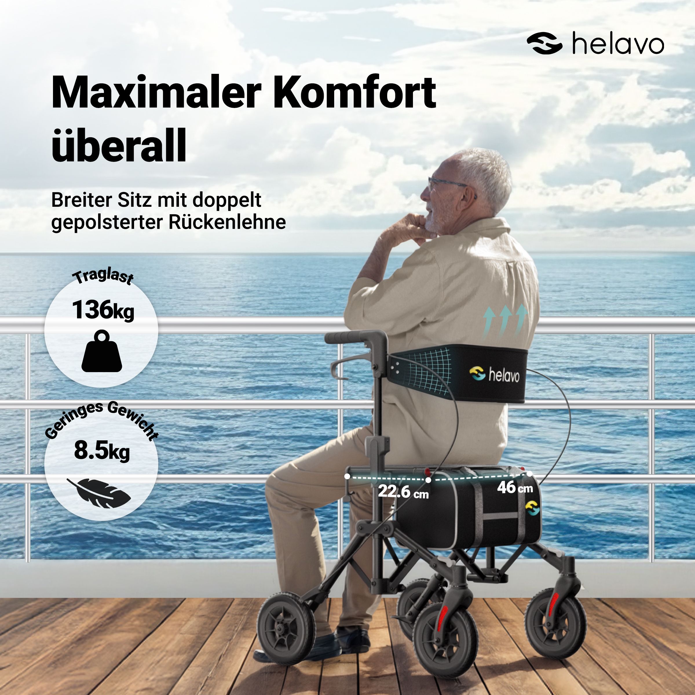 Helavo Reiserollator faltbar leicht mit Sitz Transporttasche und PU Raedern 8,5kg