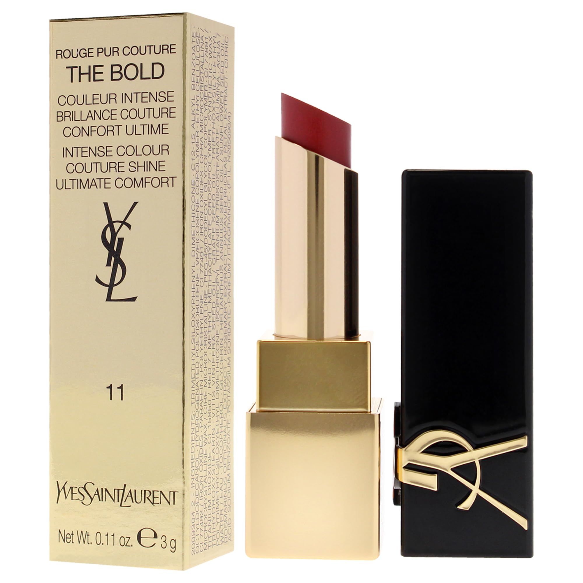 Lippenstift, goldfarbenes Gehäuse, schwarze Kappe mit Logo, goldene Verpackung. Produktname und Marke sichtbar.