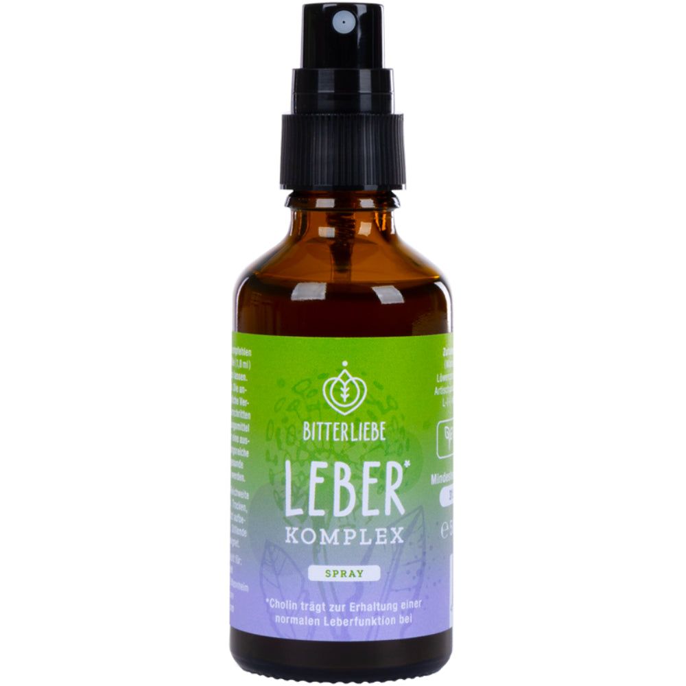 Braune Glasflasche mit schwarzem Sprühkopf. Grün-weißes Etikett mit Schriftzug "BitterLiebe Leber Komplex Spray".