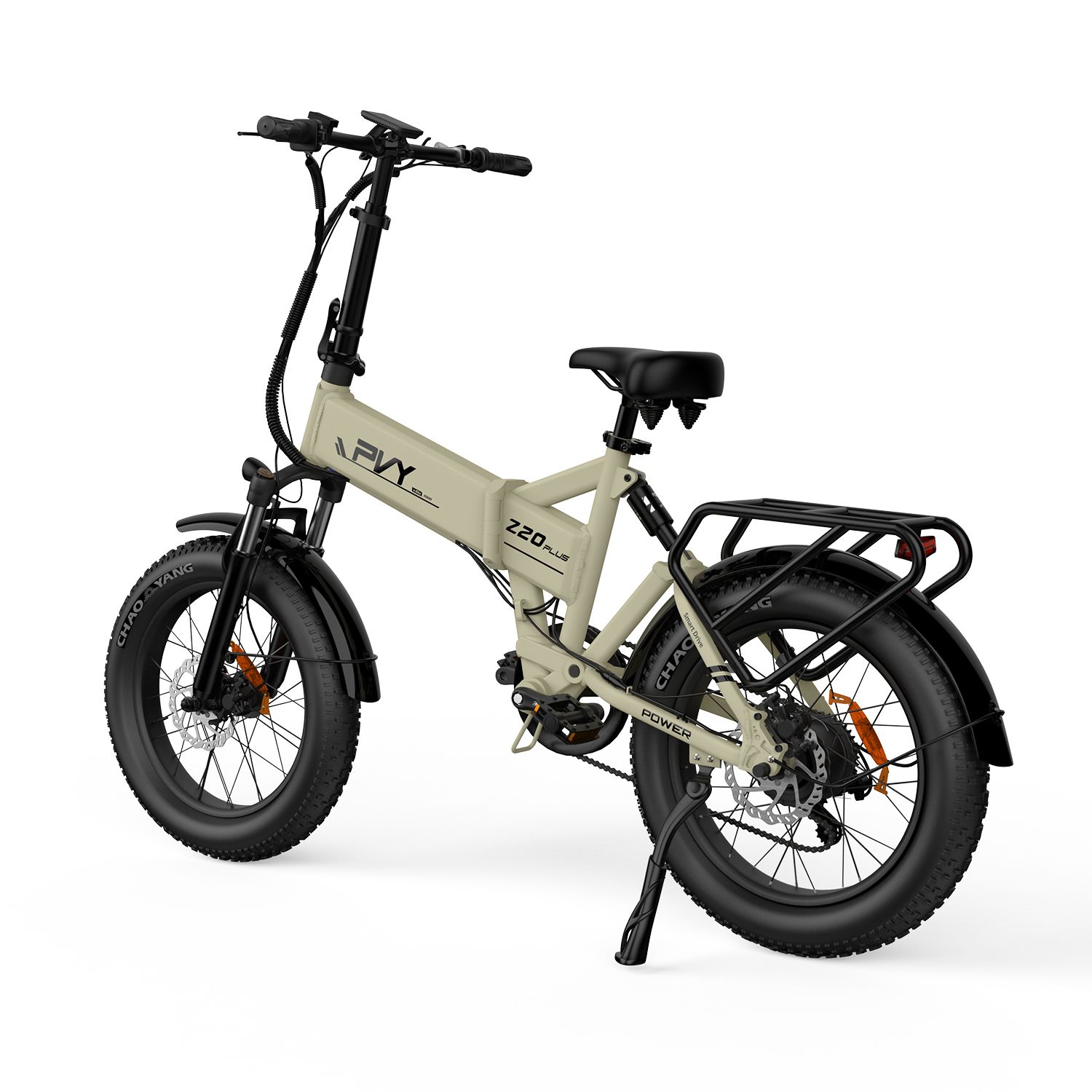 Beige E-Bike mit schwarzen Reifen und Gepäckträger. PVY Z20 Plus ist auf dem Rahmen zu sehen.