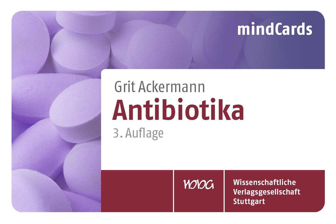 Buchcover mit dem Titel "Antibiotika" von Grit Ackermann. Auf der Karte sind Tabletten abgebildet. "mindCards" und Verlagslogo sind sichtbar.