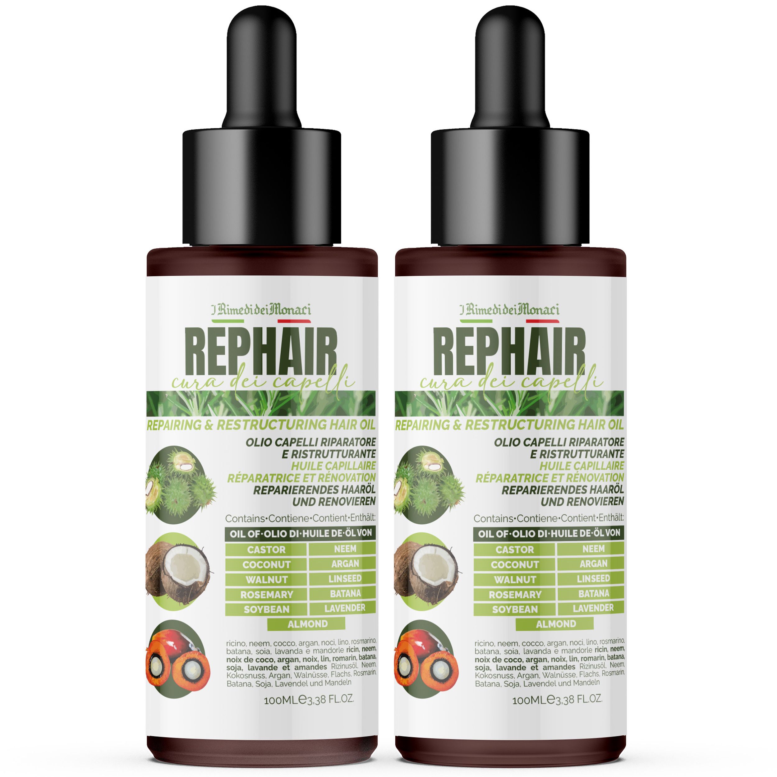 Zwei Flaschen Rehair Haaröl mit schwarzem Deckel und Pipette. Aufschrift: REPHAIR, Reparatur- und Restrukturierungs-Haaröl.