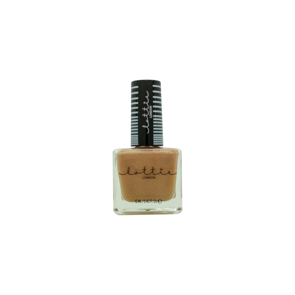 Nagellackflasche mit brauner Farbe. Schwarzer Deckel mit weiß gestreiften Details. Aufschrift "lottie london".