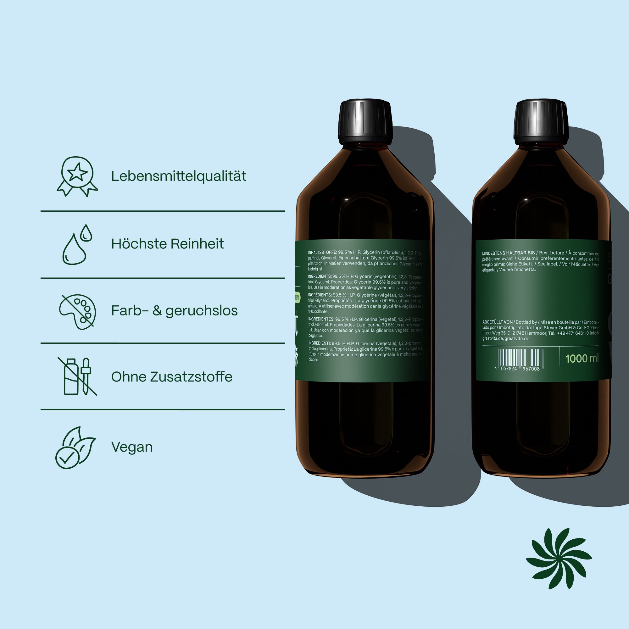 Zwei braune Glasflaschen mit Glycerin, Etiketten mit Produktinformationen und Icons für Qualität und Reinheit.