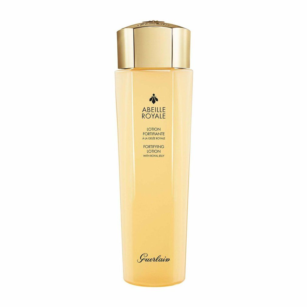 Gelbliche Lotion-Flasche mit goldenem Deckel. Beschriftung: Abeille Royale, Lotion Fortifiante, Fortifying Lotion. Marke: Guerlain.