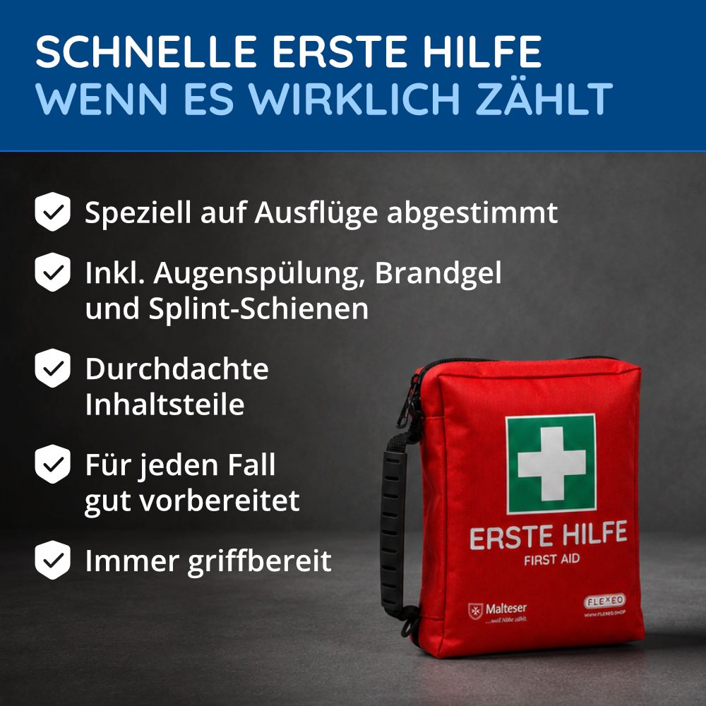 Erste-Hilfe-Tasche mit Checkliste und Produktmerkmalen für Ausflüge und Notfälle.