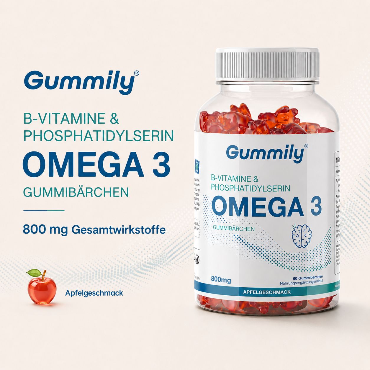 Gummily Omega 3 Gummibärchen mit Apfelgeschmack, 800 mg.
