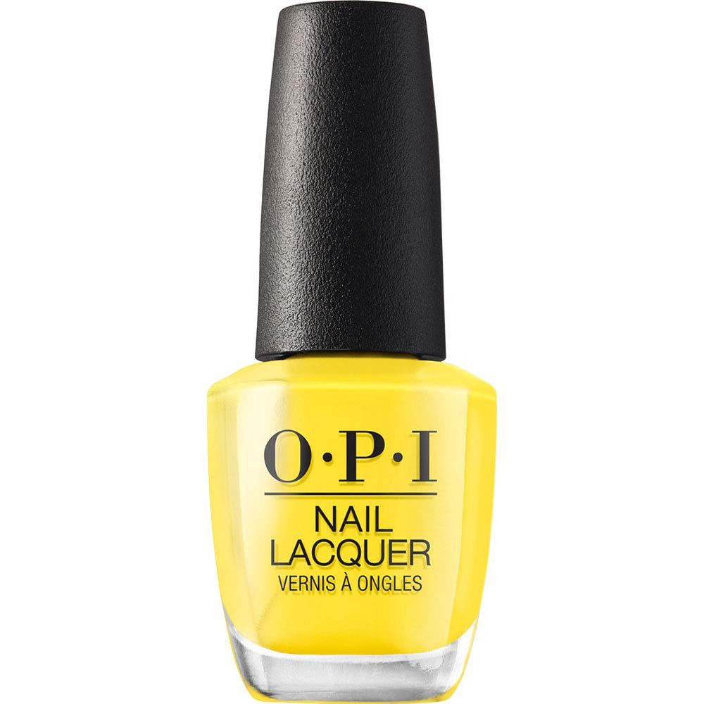 OPI Nagellack-Flasche. Gelber Lack, schwarzer Deckel. Produktansicht.