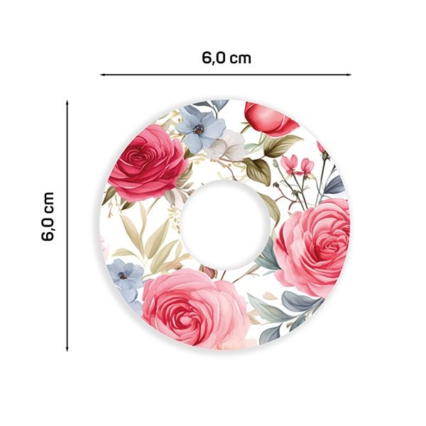Rundes Fixierpflaster mit Rosenmuster. Durchmesser 6,0 cm. Für CGM-Sensoren und Insulinpumpen. Mit Loch in der Mitte.