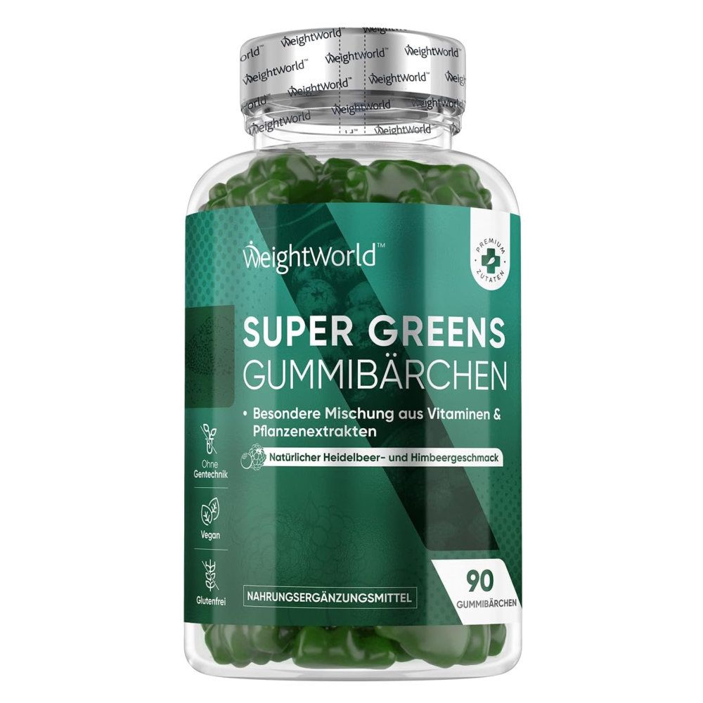 Klare Flasche mit grünen Gummibärchen. Aufschrift: Super Greens Gummibärchen. 90 Stück. Deckel mit WeightWorld Logo.