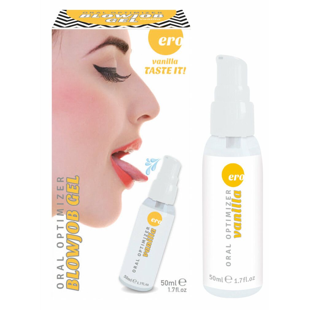 Produkt und Verpackung. Flasche mit Pumpkopf und Karton. Aufschrift: Oral Optimizer Blowjob Gel Vanilla.