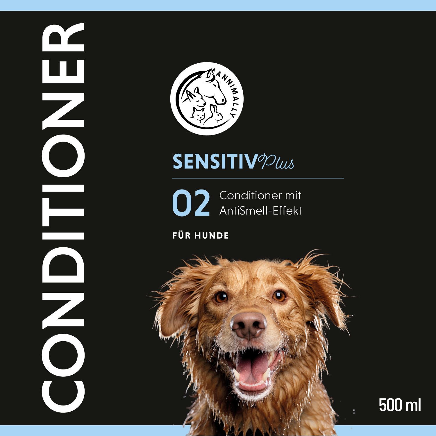 Schwarzer Hintergrund mit blauem Rahmen. Aufschrift: CONDITIONER, SENSTIV Plus 02, Hundefoto, 500 ml. Logo: Annimally.