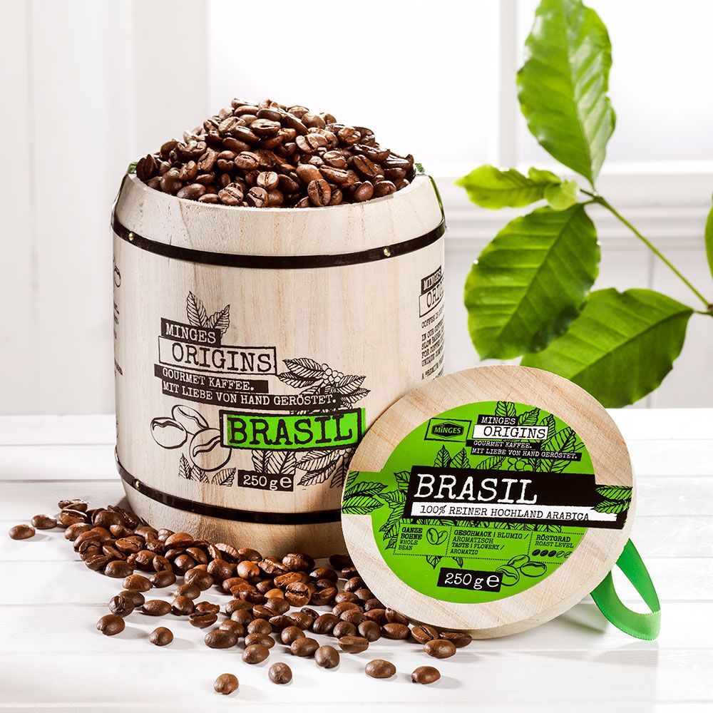 Minges Kaffee Brasil Hochland im Holzfass, ganze Bohne