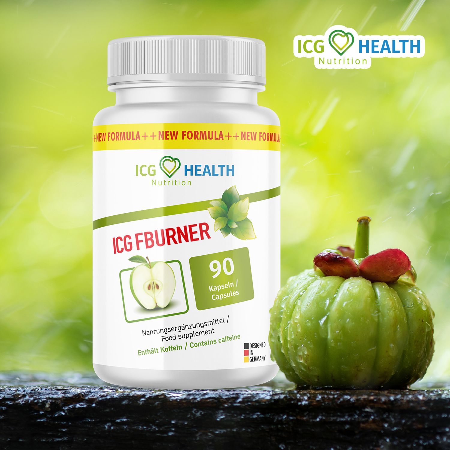 ICG Fatburner Dose mit 90 Kapseln, neben Garcinia Cambogia Frucht.