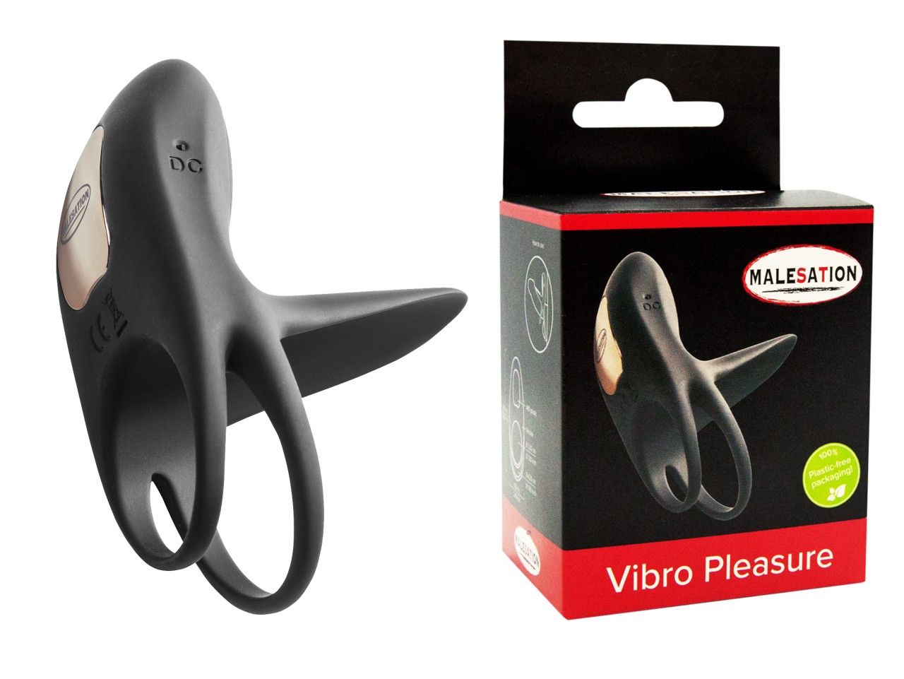 Schwarzer Vibrationsring mit Bedienfeld und Verpackung. Auf der Verpackung steht "MALESATION Vibro Pleasure".
