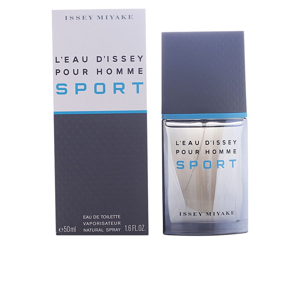 L'Eau d'Issey Pour Homme Sport Flakon und Verpackung. Flakon mit grauem Deckel und blauem Streifen. Verpackung mit Logo und Produktnamen.
