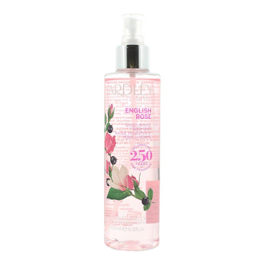 Körpernebel-Spray mit Rosenmotiv. Flasche mit Zerstäuber. Aufschrift: Yardley, English Rose, 250 Jahre. Rosa Flüssigkeit sichtbar.