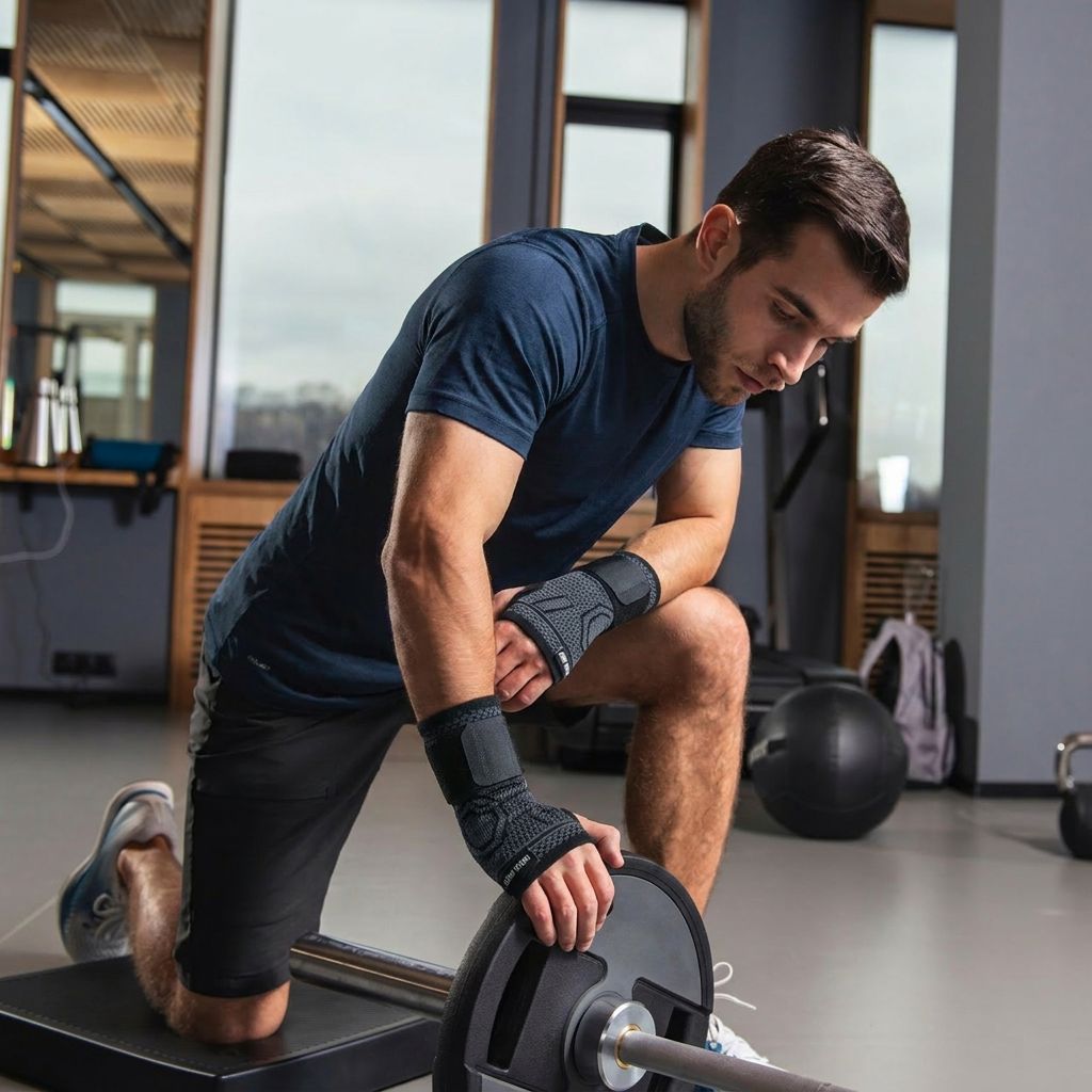 Mann im Fitnessstudio mit Handgelenkbandage. Schwarze Bandage. Sportliche Aktivität.