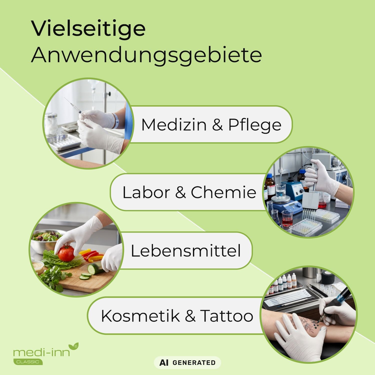 Anwendungsbereiche für Nitrilhandschuhe: Medizin, Labor, Lebensmittel, Kosmetik & Tattoo.