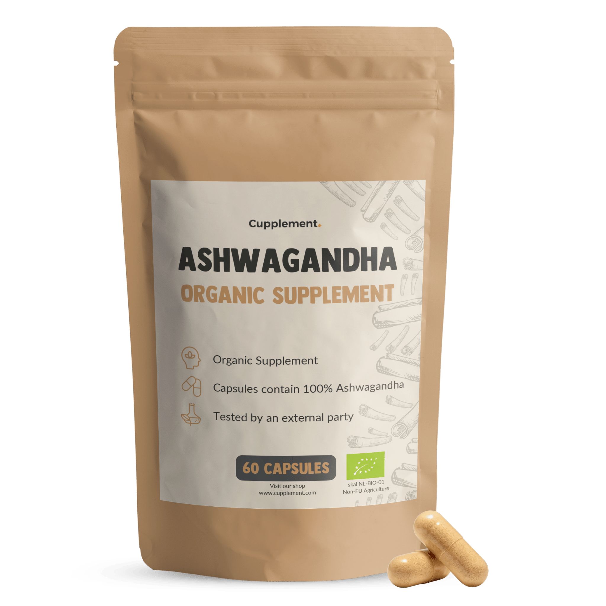 Beutel mit Ashwagandha-Kapseln. Aufschrift: Cupplement, Ashwagandha Organic Supplement. Zwei Kapseln liegen daneben. Bio-Siegel.