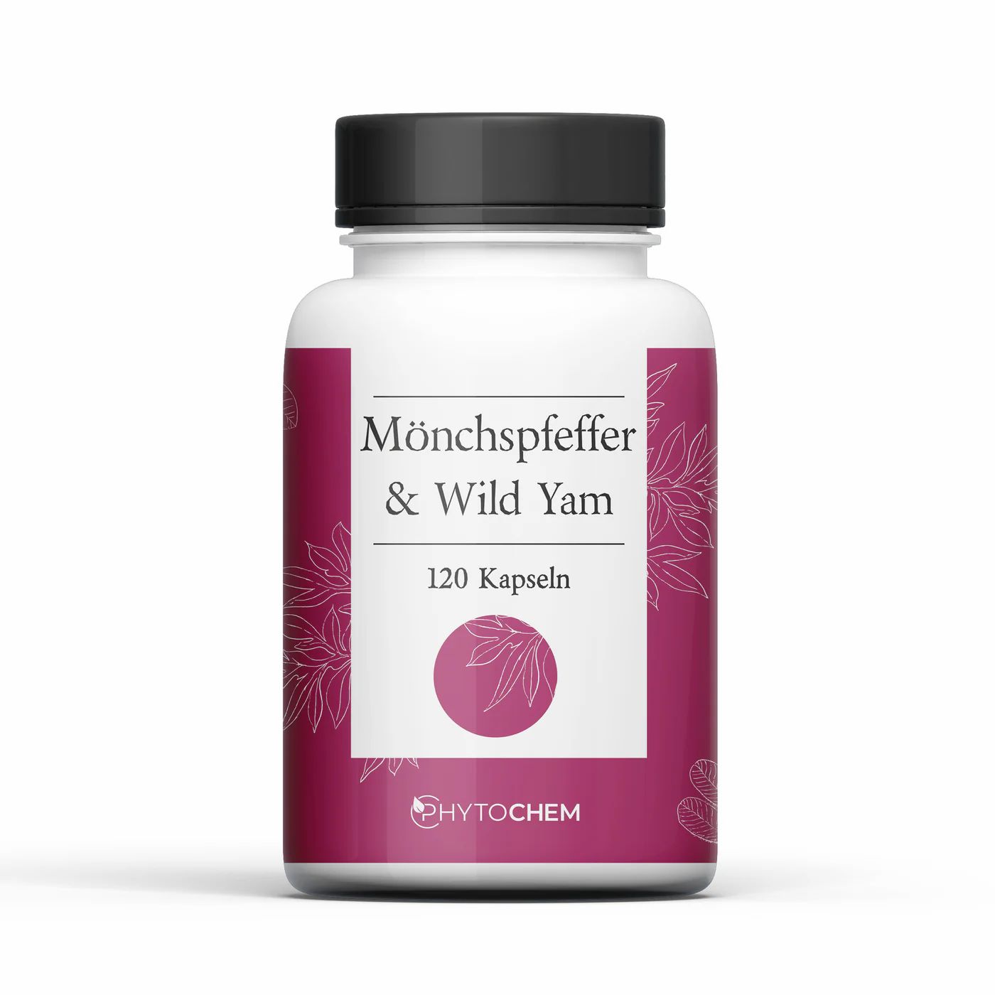 Weiße Flasche mit schwarzem Deckel. Aufschrift: Mönchspfeffer & Wild Yam, 120 Kapseln. Logo: Phytochem.