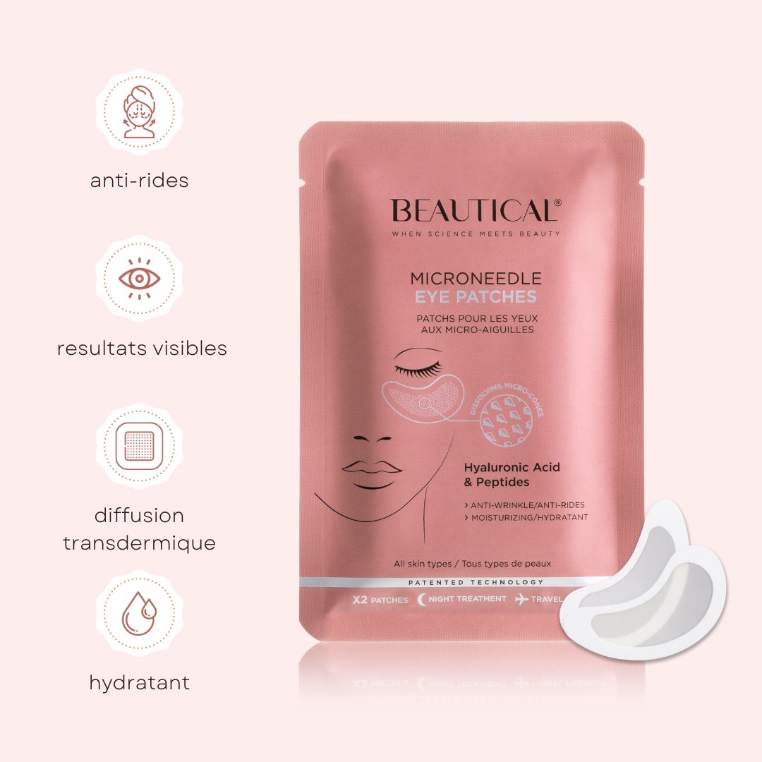 Patchs pour les yeux BEAUTICAL sur fond rose. Texte: Anti-rides, résultats visibles, hydratant, sans parabène.