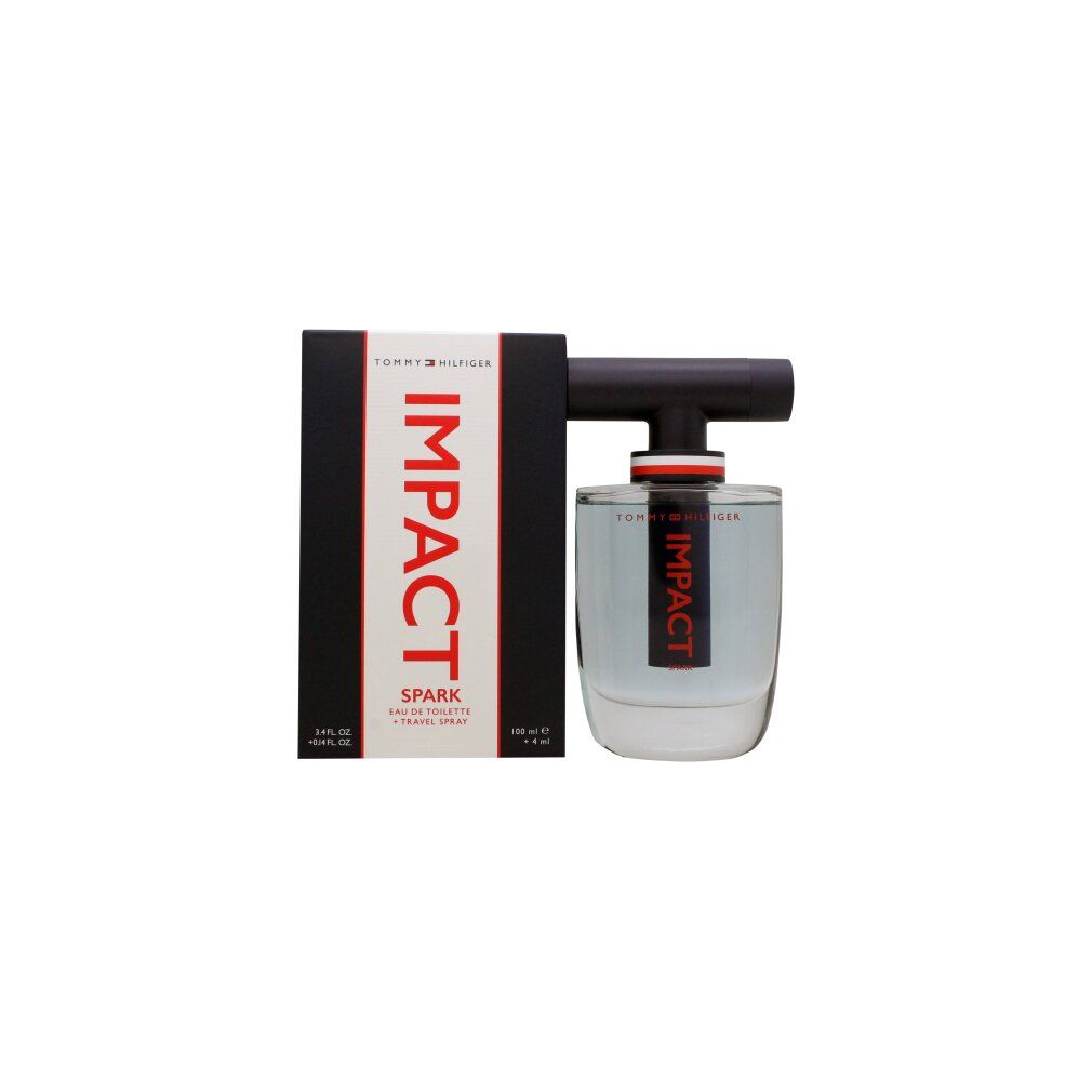 Tommy Hilfiger Impact Spark Eau de Toilette mit Verpackung. Flakon mit schwarzem Verschluss, Verpackung mit roter Schrift.
