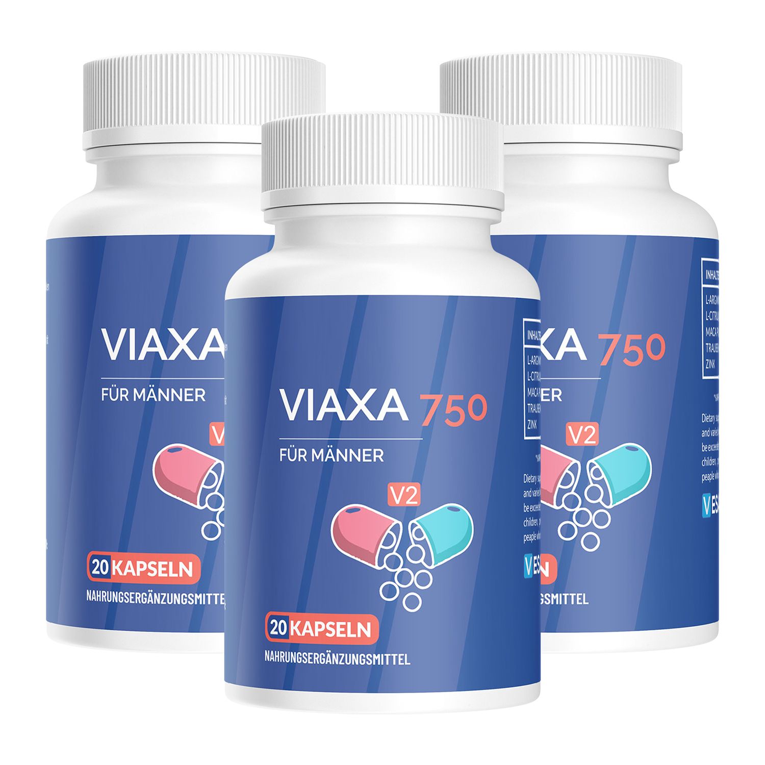 Drei Flaschen mit blauen Etiketten. Aufschrift: Viaxa 750 für Männer, 20 Kapseln. V2-Logo mit Kapsel-Illustration.