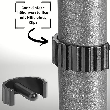 Nahaufnahme eines Verstellrings. Text: Ganz einfach höhenverstellbar mit Hilfe eines Clips.
