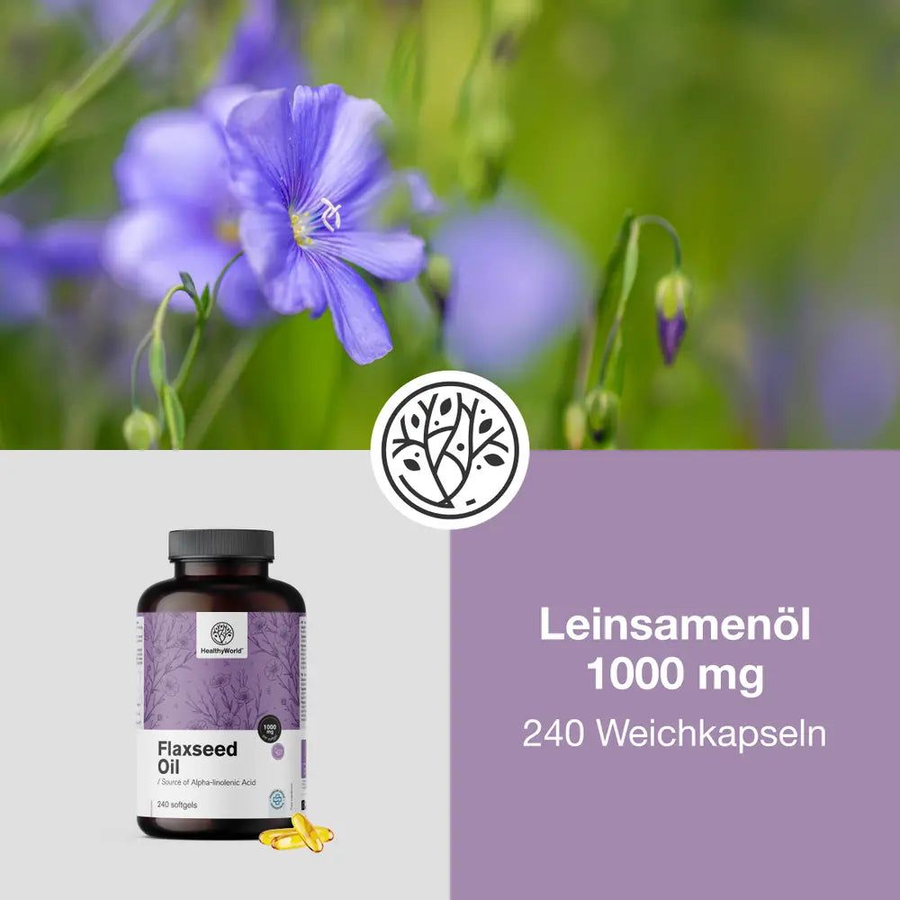 Braune Flasche mit Leinsamenöl-Kapseln, daneben blaue Leinsamenblüten.
