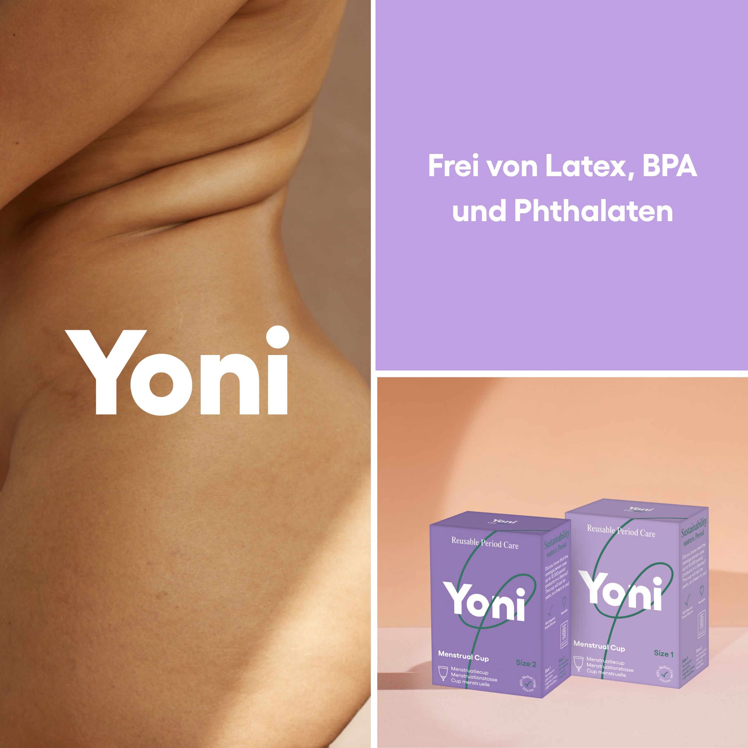 Lila Verpackung mit "Yoni" Schriftzug. Menstruationstasse, Größe 1. Medizinische Silikon.