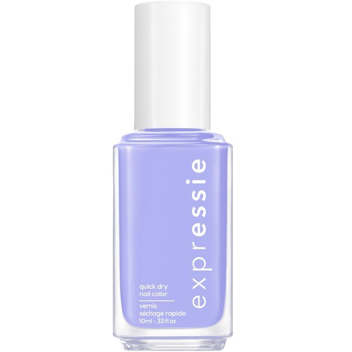 Nagellack-Fläschchen, helllila. Weißer Deckel, rechteckige Form. Aufschrift: Expressie, quick dry nail color, 10ml.