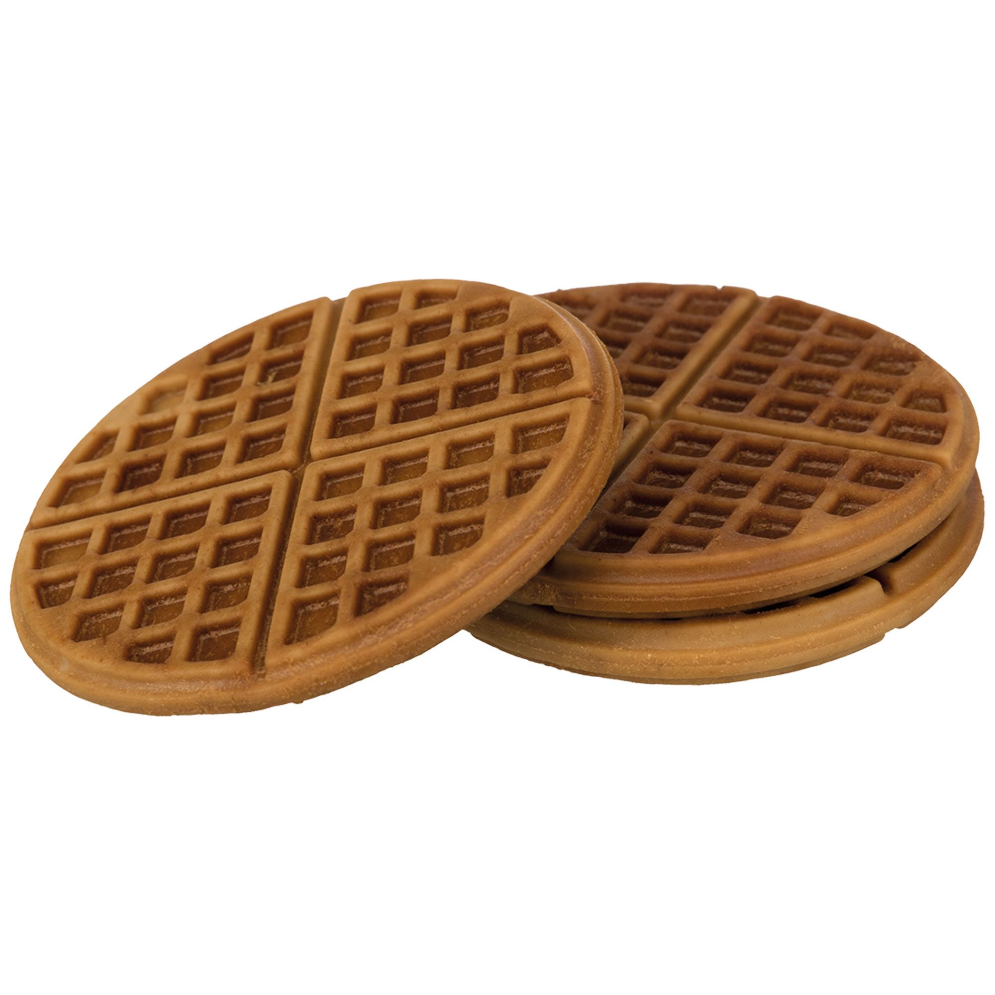 Hundesnack-Waffeln. Runde, braune Waffeln mit quadratischem Muster. Mehrere Waffeln liegen gestapelt.
