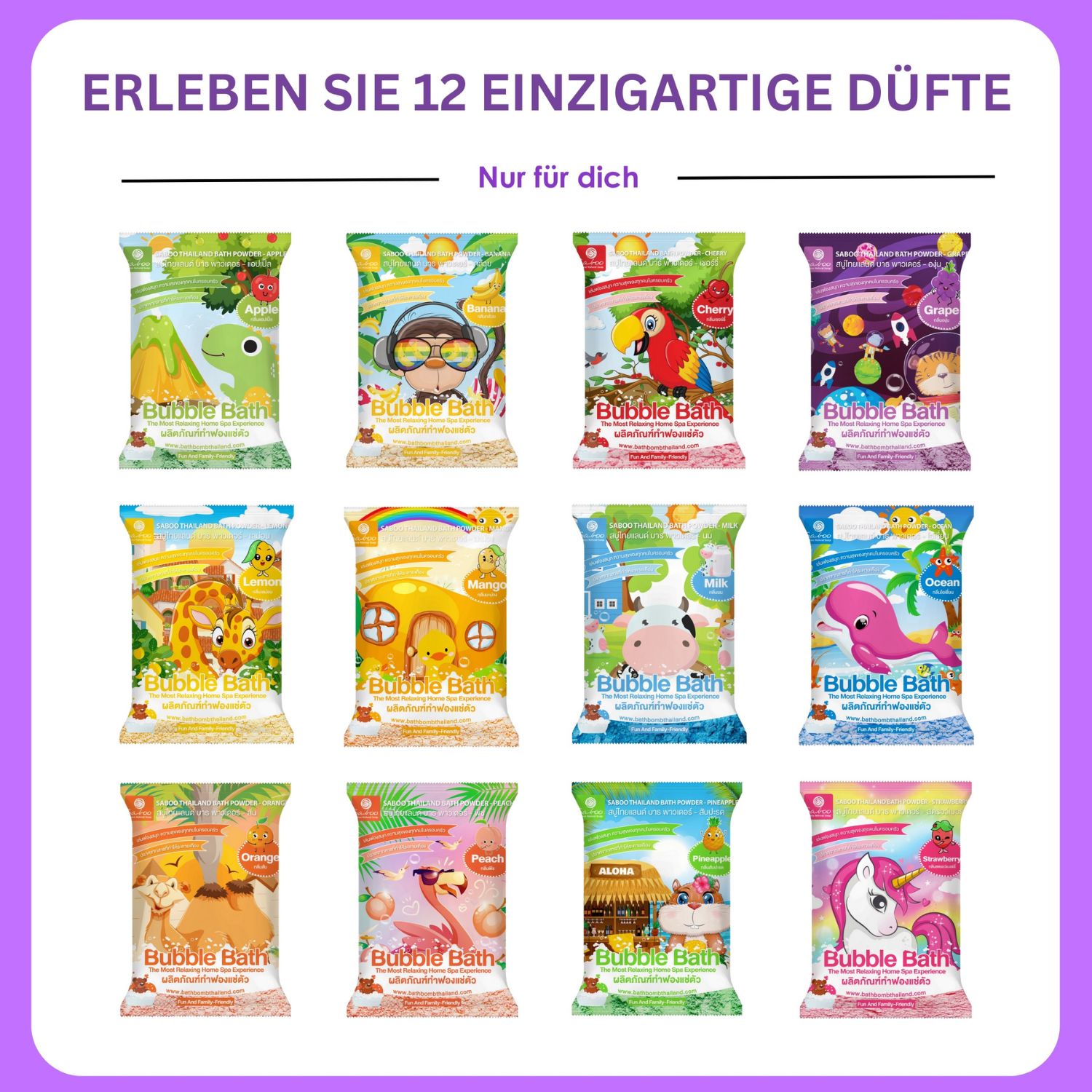 12 verschiedene Verpackungen von Schaumbad-Pulver. Jede Verpackung hat ein anderes Design. Text in Deutsch.
