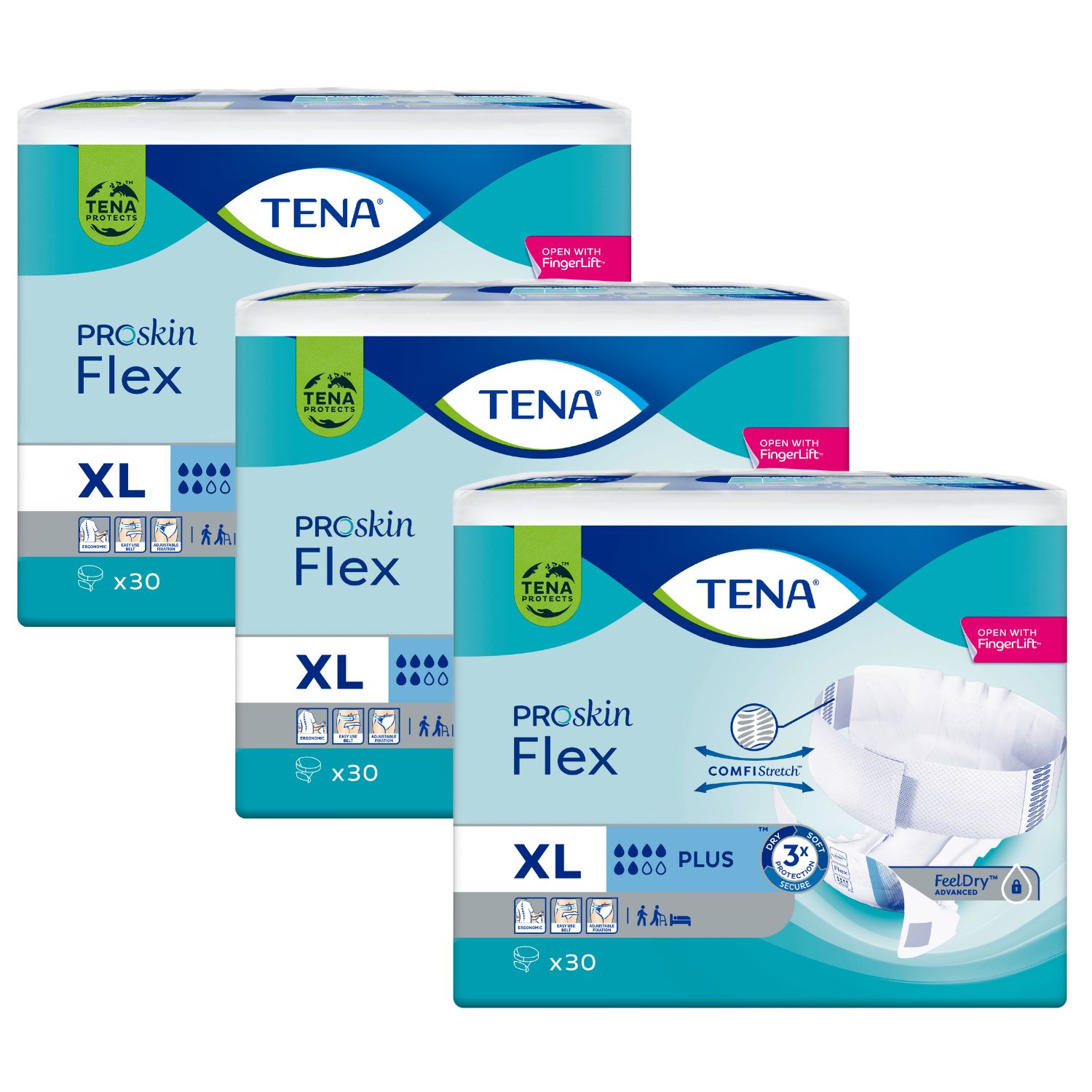 Drei Packungen TENA ProSkin Flex XL. Jede Packung enthält 30 Stück. Aufdrucke: TENA, ProSkin Flex, XL, Plus, ComfiStretch, FeelDry.