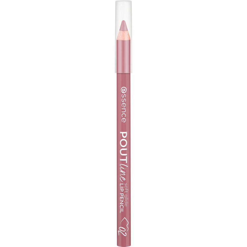 Lippenkonturenstift, rosa, mit transparenter Kappe. Aufschrift: Essence, Poutline Soft Glide Lip Pencil, 02.