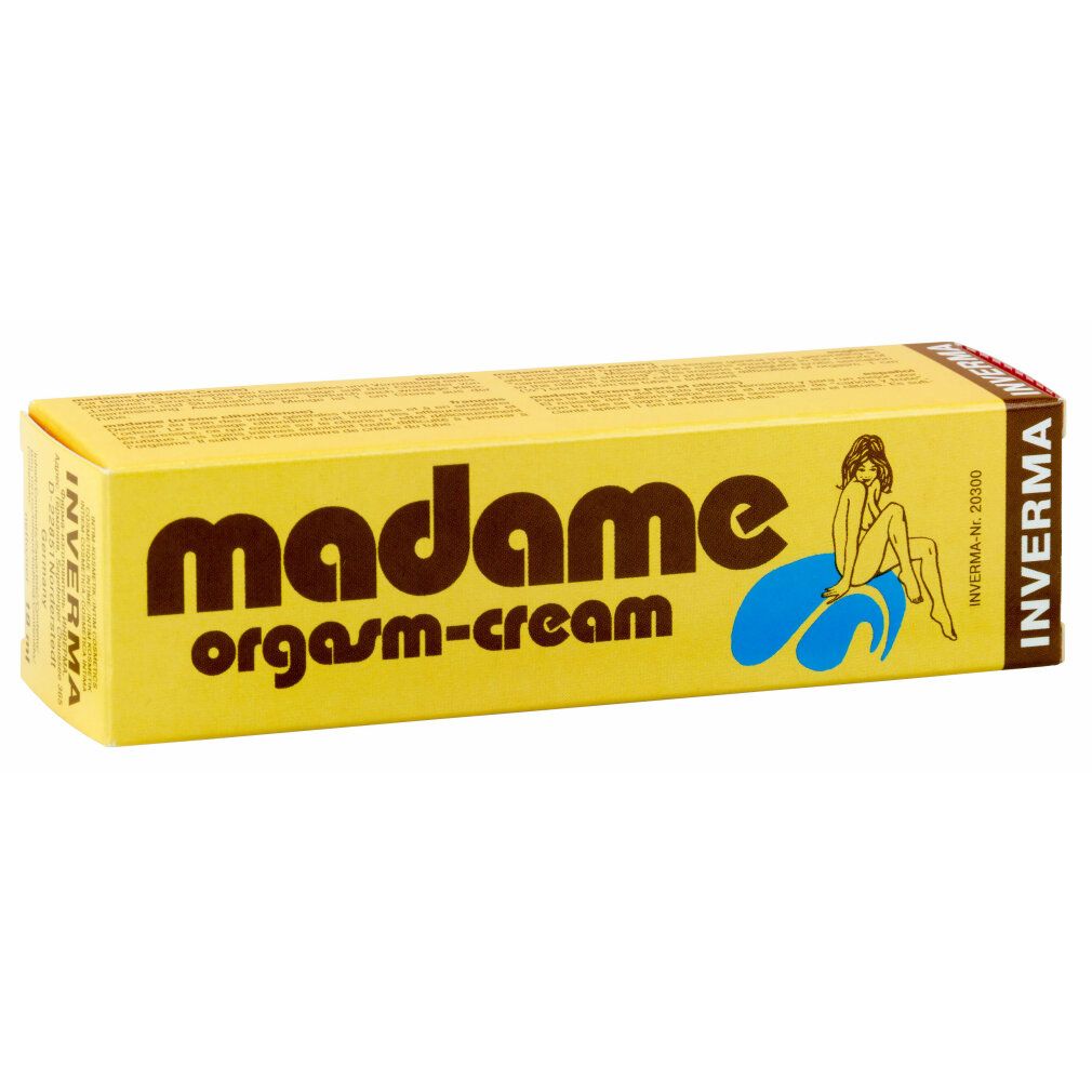 Gelbe Schachtel mit braunem Schriftzug "madame orgasm-cream". Logo einer Frau auf blauem Kissen. Marke: Inverma.
