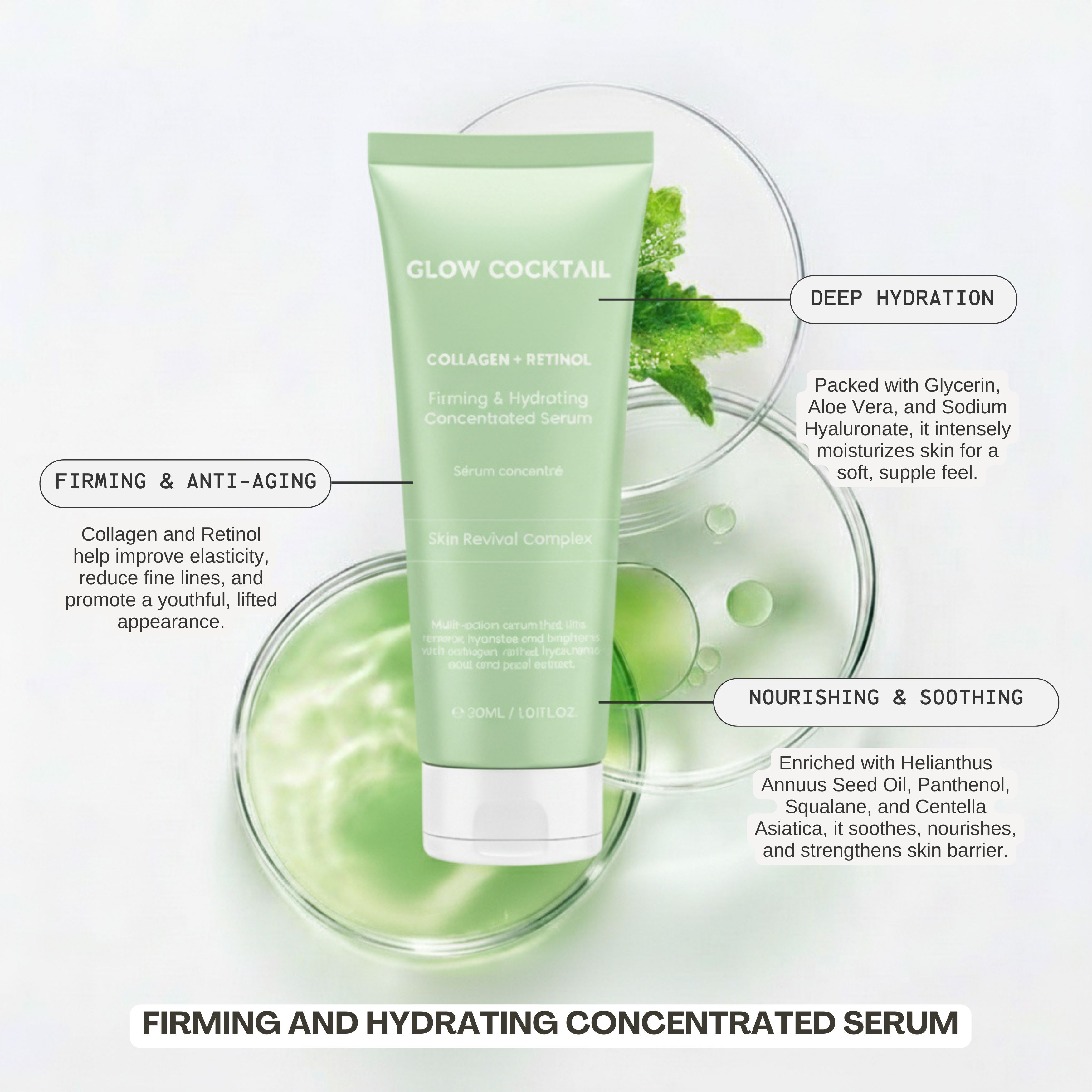 Glow Cocktail Serum mit Hinweisen zu Straffung, Feuchtigkeit und Hautpflegekomplexen.