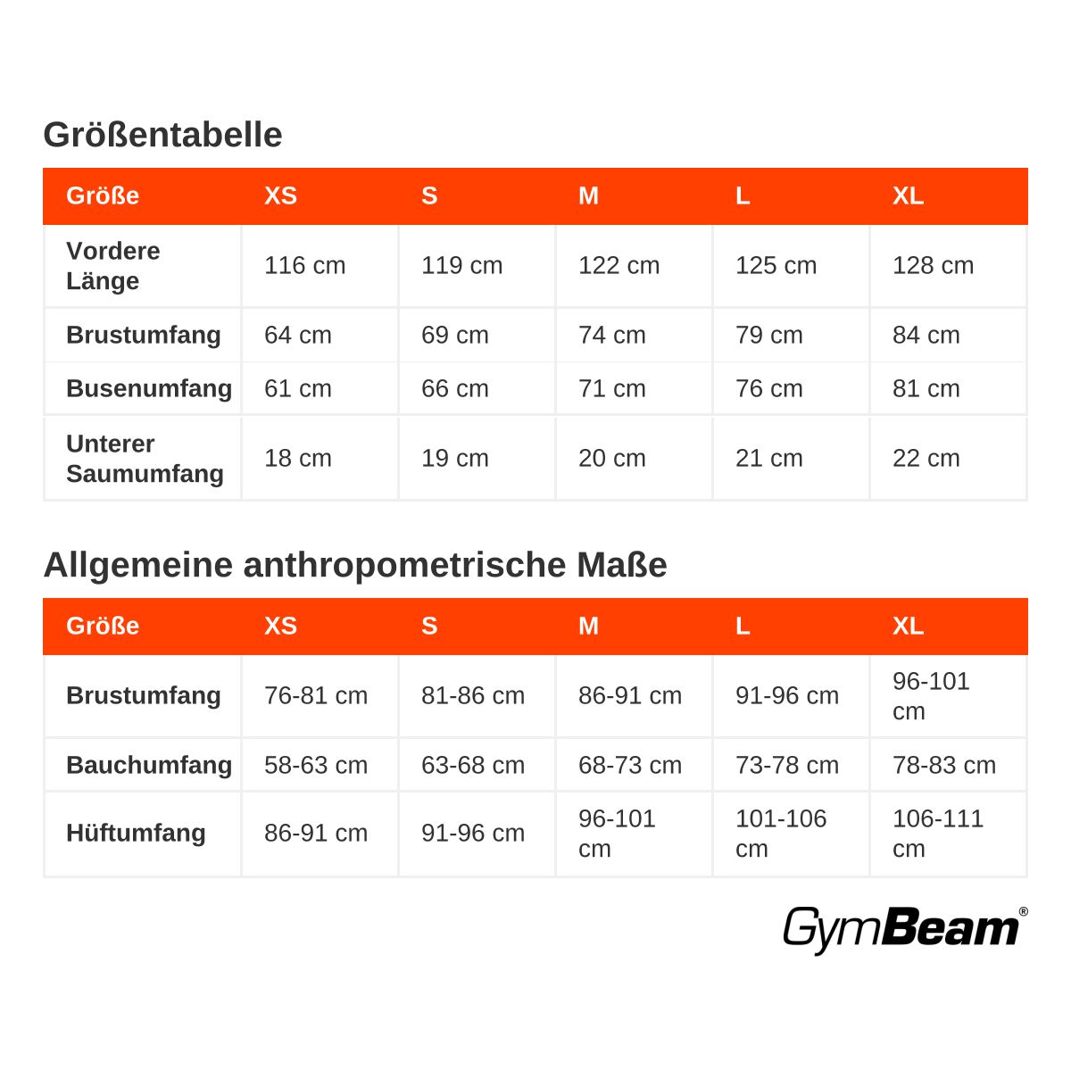 Größentabelle mit Maßen für Kleidung: Vorderlänge, Brustumfang, Brustumfang, unterer Saumumfang, allgemeine anthropometrische Maße für Brust-, Bauch- und Hüftumfang.